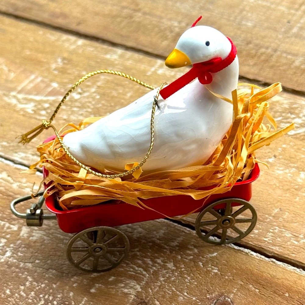 VINTAGE “Porch Goose” in Red Wagon Ornament